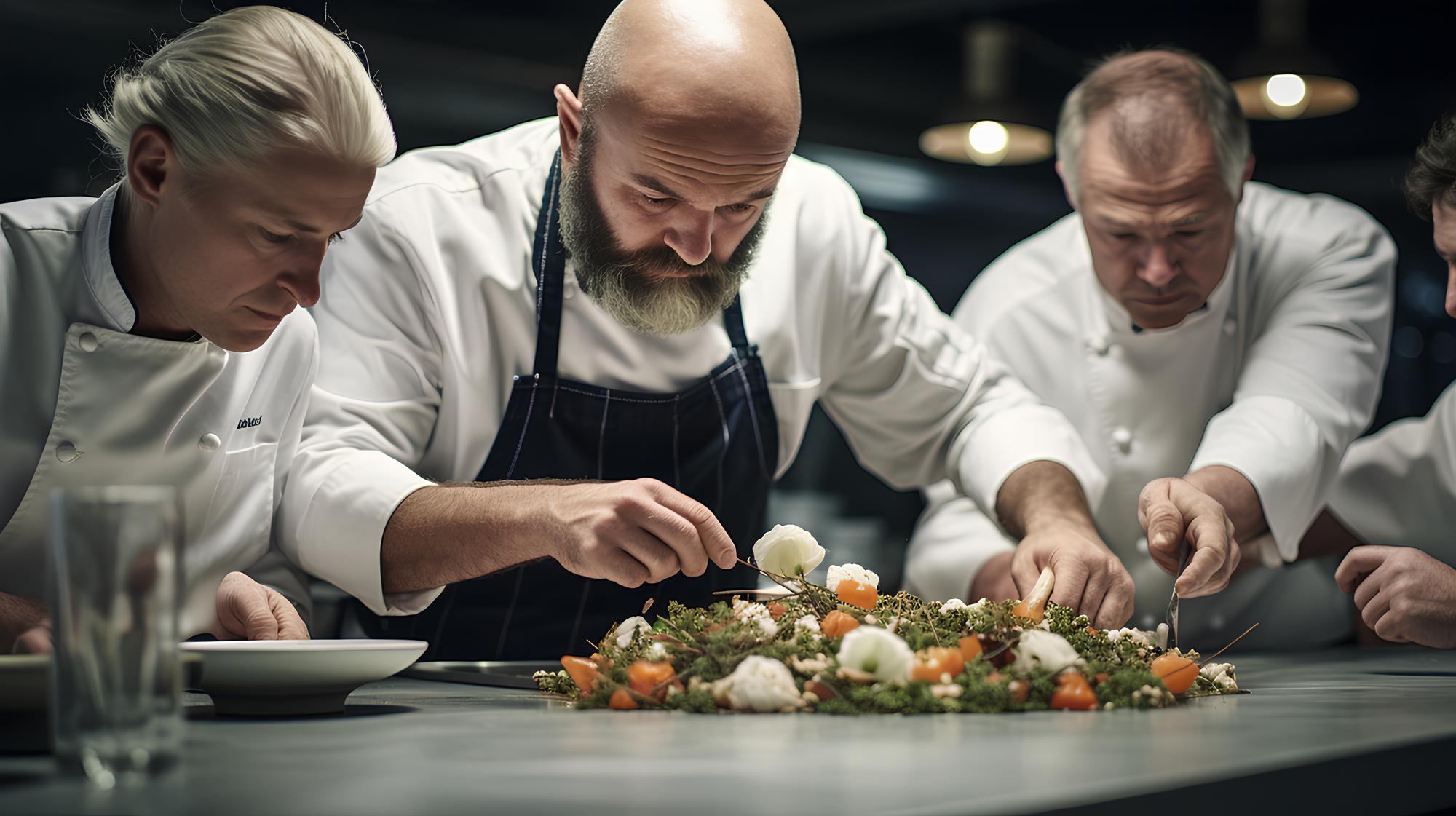 Studio kitchen with chefs collaborating on plating