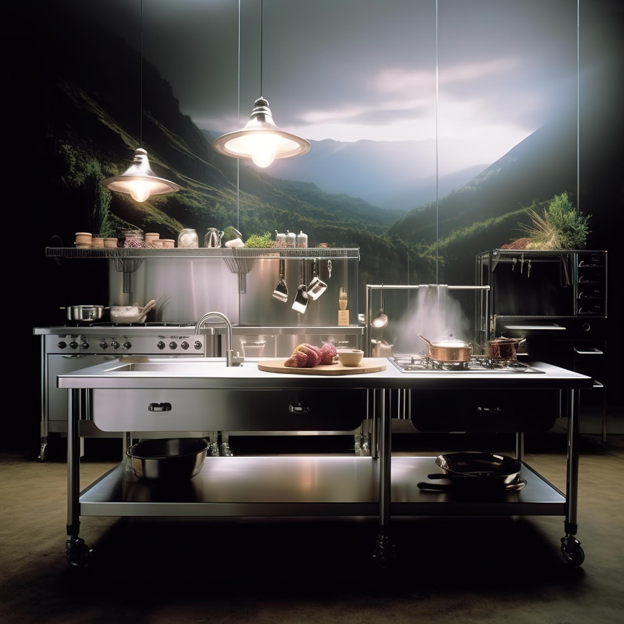 Interior of culinary studio with workbench and lights