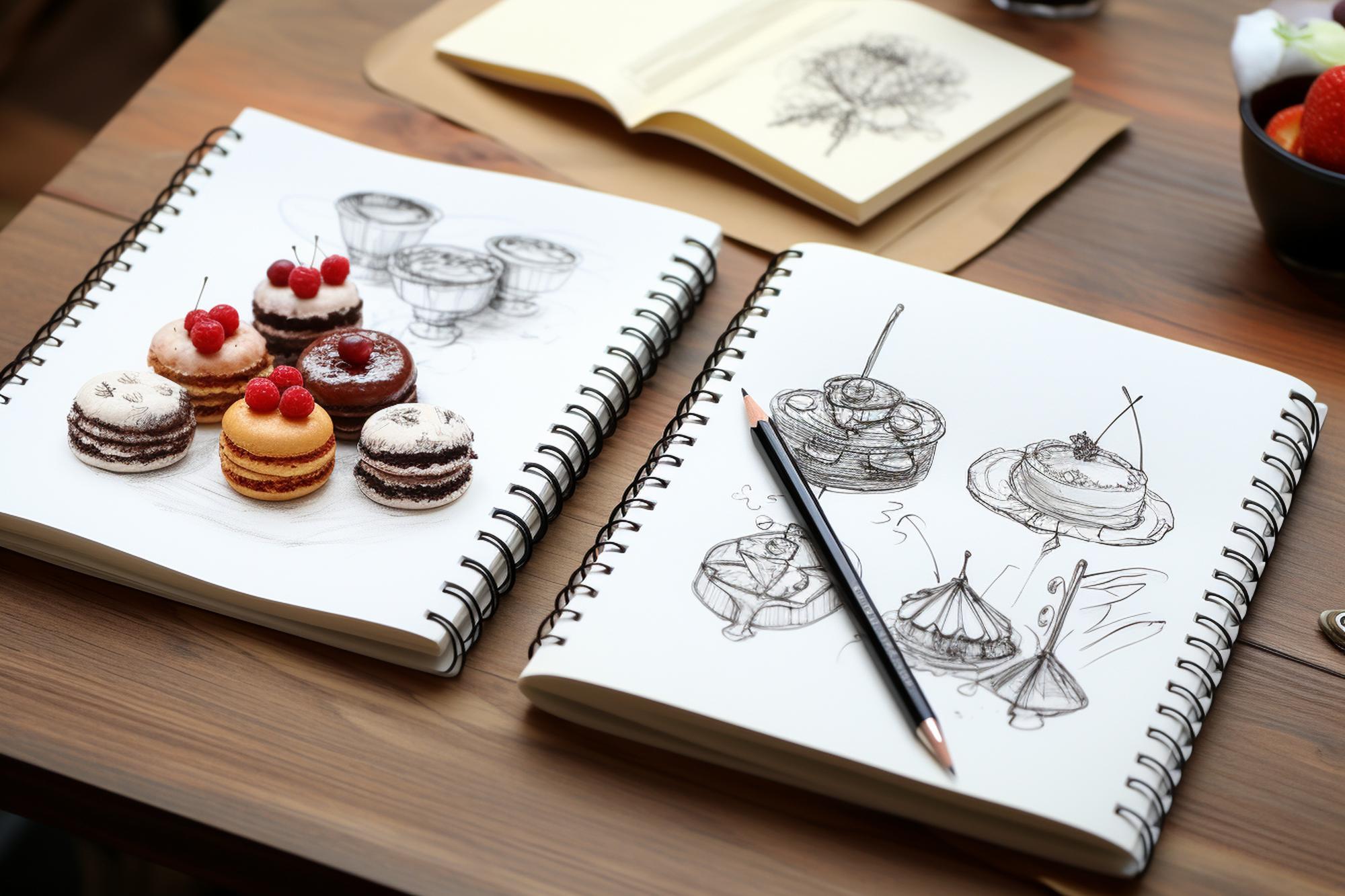 Notebook with menu sketches and plated samples